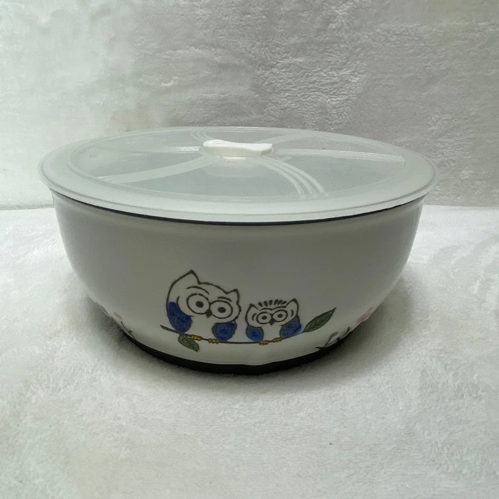 Yokohama Studio Hand Painted Ceramic Owl Food Storage Bowl Vented Lid White Blue